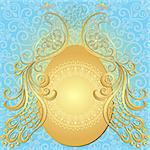 Gold-blue easter frame with big gold egg and vintage birds (vector EPS 10)