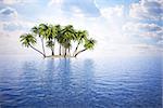 small island with palm trees in the blue ocean.