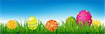 Happy Easter Banner With Grass And Eggs With Gradient Mesh, Vector Illustration