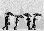 Editable vector illustration of people on a city street walking through rain with umbrellas