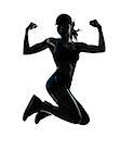 one caucasian woman runner jogger jumping powerful in silhouette studio isolated on white background
