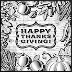 Thanksgiving retro card in woodcut style. Black and white vector illustration with clipping mask.