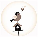 Adorable love Bird, Birdhouse and hearts. Vector Illustration