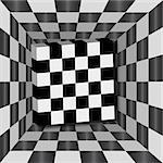 Checkerboard tunnel with 3D cube. Background for chessboard.