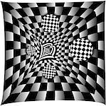 Checkerboard abstract with rolling spheres of different size.