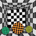 Checkerboard tunnel with 3D cube and three color spheres. Background for chessboard.