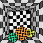 Checkerboard tunnel with 3D cube and three spheres of different color. Background for chessboard.