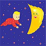 Baby Dreaming with smiling Moon and against the night sky. Hand Drawing Cartoon Vector Illustration