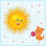 Smiling Sun and Kitten with a ball against the sky. Hand drawing greeting card vector illustration