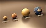 A rendered size-comparison sheet between the Planets Mercury, Mars, Venus and Earth with in-scene captions.