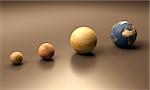 A rendered size-comparison sheet between the Planets Mercury, Mars, Venus and Earth.