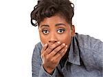 pretty black woman with shocked expression on white background