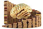 golden brain with stacks of books. isolated on white.. isolated on white.