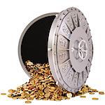 open a bank vault with a bunch of gold coins. isolated on white.