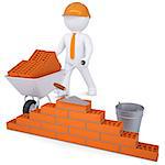 3d white man in a helmet builds a wall. Isolated render on a white background