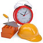 Bricks, hard hat and alarm clock. Isolated render on a white background