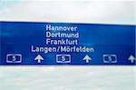 German highway sign - direction sign to Hannover, Dortmund, Frankfurt and Langen/Morfelden. Useful file for your flyer about European and German road infrastructure and other need. Tilt-shift lens used to accent the sign and acieve more cinematic effect.