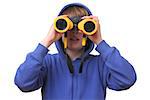 Portrait of a young boy with binoculars on white background