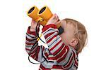 Portrait of a toddler with binoculars on white background