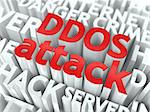 DDOS Attack Concept. The Word of Red Color Located over Text of White Color.