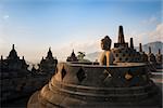 Buddha statue in open stupa in Borobudur, or Barabudur, temple Jogjakarta, Java, Indonesia at sunrise. It is a 9th-century Mahayana temple and the biggest  Buddhist Temple in Indonesia.