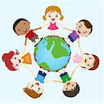 Multicultural children hand in hand on earth