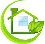 Logo of simple green eco house with leafs.