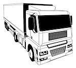 A black and white illustration of a stylised semi truck