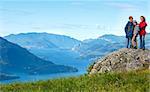 Alpine Lake Como summer  view from mountain top and family (Italy)