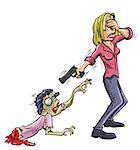 Macabre humorous image of a crying woman covering her eyes and aiming a gun at an evil ghoulish zombie, a conceptual warning that one should not get emotionally attached. Isolated cartoon illustration