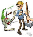 Person saying Try That Again and crashing a pick onto the skull of a gruesome zombie leaving a trail of green slime as he tries to attack a man from behind