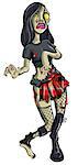 Ghoulish punk girl zombie with dripping blood in her punk rocker clothes walking towards the viewer, cartoon illustration isolated on white