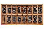 random numbers (letterpress wood type blocks) in vintage typesetter drawer