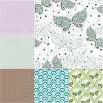 Collection seamless pastel patterns with concentric circles and butterflies (vector)