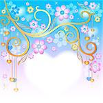 Spring gentle floral easter frame with gold branch, flowers and heart (vector EPS 10)