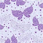 Spring gray-blue seamless pattern with transparent violet butterflies and curls (vector EPS 10)