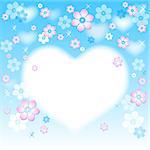 Spring background with a bright blue sky and cloud-hearts and flowers (vector EPS10)