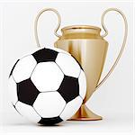 bronze cup and soccer ball on a white background