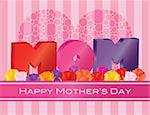 Happy Mothers Day MOM Alphabets with Heart Shape Polka Dots and Roses on Pink Stripes Pattern Background Illustration