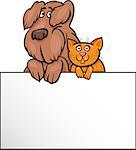 Cartoon Illustration of Cute Shaggy Dog and Cat with White Card or Board Greeting or Business Card Design