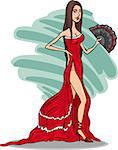 Cartoon Illustration of Beautiful Sexy Woman in Red Dress or Gown or Spanish Dancer