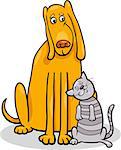 Cartoon Illustration of Funny Dog and Cute Tabby Cat in Friendship