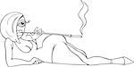 Black and White Cartoon Illustration of Sexy Woman in Dress with Cigarette