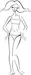 Black and White Cartoon Illustration of Cute Pretty Woman in Bikini or Swimsuit or Swimwear