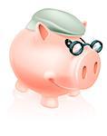 Pension savings piggy bank concept of a piggy bank money box in senior's cap and spectacles.