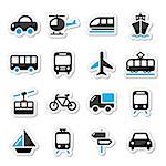 Black and blue labels set - vehicle, trasport, holidays icons