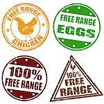 Set of free range chicken and eggs rubber stamps, vector illustration