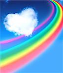 Rainbow and heart from clouds in blue sky