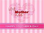 Happy Mothers Day Word Cloud in Heart Shape Silhouette on Pink Stripes Background Illustration