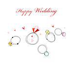 Greeting card with wedding rings and hearts on a white background